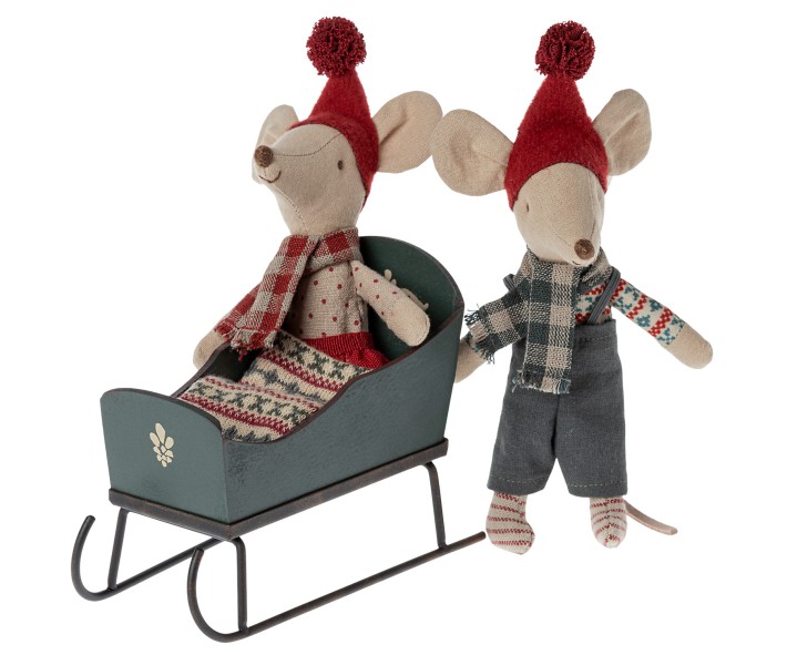 maileg sleigh, mouse - green